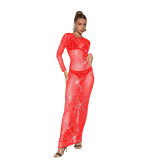 Solid Color Round Neck Long Sleeve Hotfix Rhinestone Split Maxi Dress