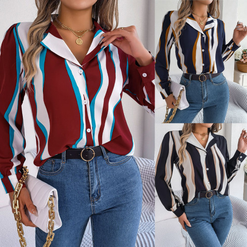 Autumn Casual All-match Contrast Tailored Collar Long Sleeve Shirt