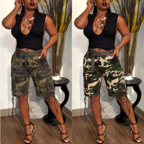 Summer Camouflage Drawstring Multi-pocket Midi Pants without Belt