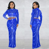 Women's Fashion Mesh Beaded See Through Long Seeve Two Piece Long Skirt Set