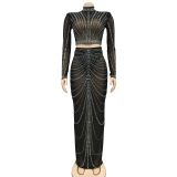 Women's Fashion Mesh Beaded See Through Long Seeve Two Piece Long Skirt Set
