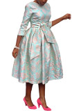 Modest African Dresses Round Neck Jacquard Swing Dress