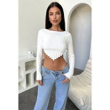 Solid Color Pit Long Sleeve Knitted Crop Tops