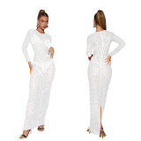 Solid Color Round Neck Long Sleeve Hotfix Rhinestone Split Maxi Dress