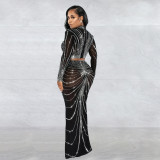 Women's Fashion Mesh Beaded See Through Long Seeve Two Piece Long Skirt Set