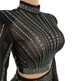 Women's Fashion Mesh Beaded See Through Long Seeve Two Piece Long Skirt Set