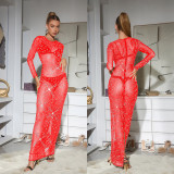 Solid Color Round Neck Long Sleeve Hotfix Rhinestone Split Maxi Dress