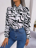 Casual Contrast Stripe Tie Balloon Sleeve Chiffon Top