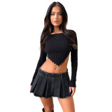 Solid Color Pit Long Sleeve Knitted Crop Tops