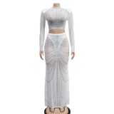 Women's Fashion Mesh Beaded See Through Long Seeve Two Piece Long Skirt Set