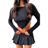 Solid Color Pit Long Sleeve Knitted Crop Tops