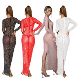 Solid Color Round Neck Long Sleeve Hotfix Rhinestone Split Maxi Dress