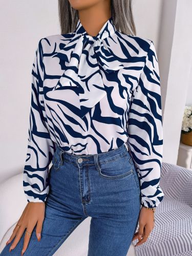 Casual Contrast Stripe Tie Balloon Sleeve Chiffon Top