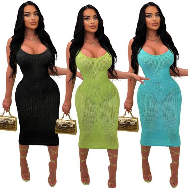 Solid Color Sleeveless Sling Hollow Sexy Knitted Midi Dress