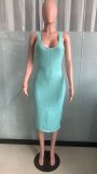 Solid Color Sleeveless Sling Hollow Sexy Knitted Midi Dress