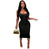 Solid Color Sleeveless Sling Hollow Sexy Knitted Midi Dress