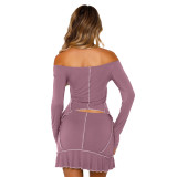 Solid Color Reverse Edge Design Off Shoulder Skirt Set
