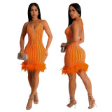 Women's Beaded Feathered Netted Lace-Up Dress