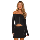 Solid Color Reverse Edge Design Off Shoulder Skirt Set