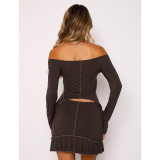 Solid Color Reverse Edge Design Off Shoulder Skirt Set