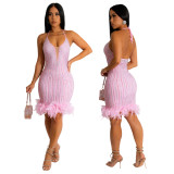 Women's Beaded Feathered Netted Lace-Up Dress