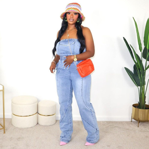 Backless Design and Pocket Denim Jumpsuit