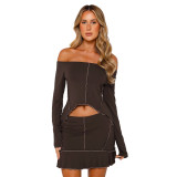Solid Color Reverse Edge Design Off Shoulder Skirt Set