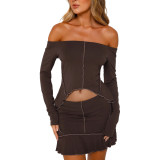 Solid Color Reverse Edge Design Off Shoulder Skirt Set