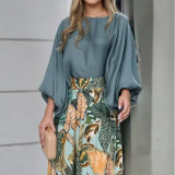 Lantern Sleeve Top and Print Wide-Leg Pant Set