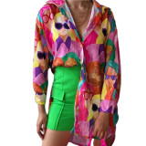 Street College Geometric Patchwork Shirt Collar Blouses