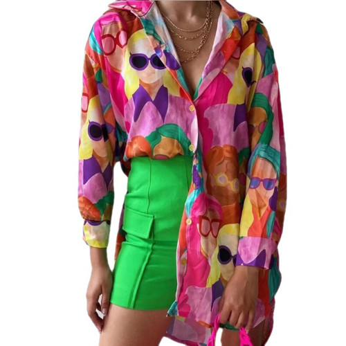 Street College Geometric Patchwork Shirt Collar Blouses