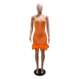 Women's Beaded Feathered Netted Lace-Up Dress