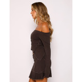 Solid Color Reverse Edge Design Off Shoulder Skirt Set