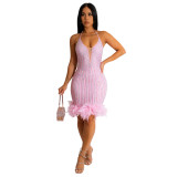 Women's Beaded Feathered Netted Lace-Up Dress