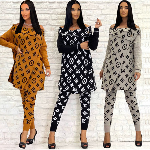 Outdoor Fashion Print Long Sleeve One Shoulder Sportswear Trousers Set