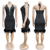 Women's Beaded Feathered Netted Lace-Up Dress