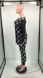 Outdoor Fashion Print Long Sleeve One Shoulder Sportswear Trousers Set