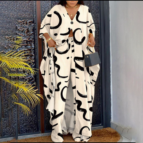 Loose Two-Piece Set with V-Neck Buttoned Floral Top and Drawstring Long Pants