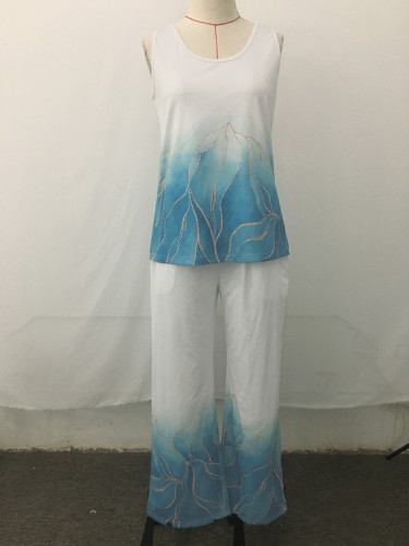 Summer Casual Women's Clothing Printed Sleeveless Top and Elastic High-Waisted Long Pants Two-Piece Set