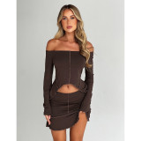 Solid Color Reverse Edge Design Off Shoulder Skirt Set