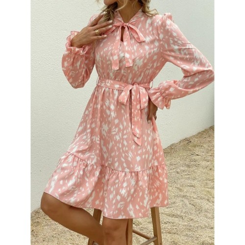 Fashion Printed Long Sleeve Waist-Tie Dress