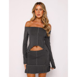Solid Color Reverse Edge Design Off Shoulder Skirt Set