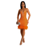Women's Beaded Feathered Netted Lace-Up Dress