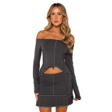Solid Color Reverse Edge Design Off Shoulder Skirt Set