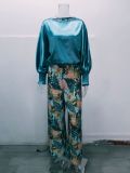 Lantern Sleeve Top and Print Wide-Leg Pant Set