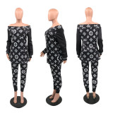 Outdoor Fashion Print Long Sleeve One Shoulder Sportswear Trousers Set