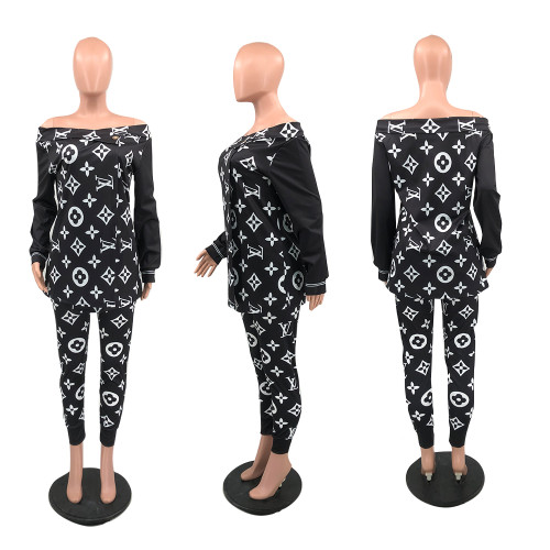 Outdoor Fashion Print Long Sleeve One Shoulder Sportswear Trousers Set