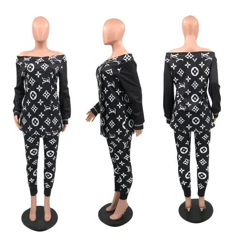 Outdoor Fashion Print Long Sleeve One Shoulder Sportswear Trousers Set