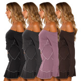 Solid Color Reverse Edge Design Off Shoulder Skirt Set