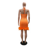 Women's Beaded Feathered Netted Lace-Up Dress